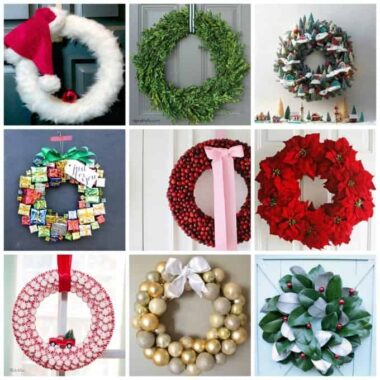 These Christmas wreaths include Santa themes or those that use candy, and some are fruit and/or flower wreaths while others use natural elements.