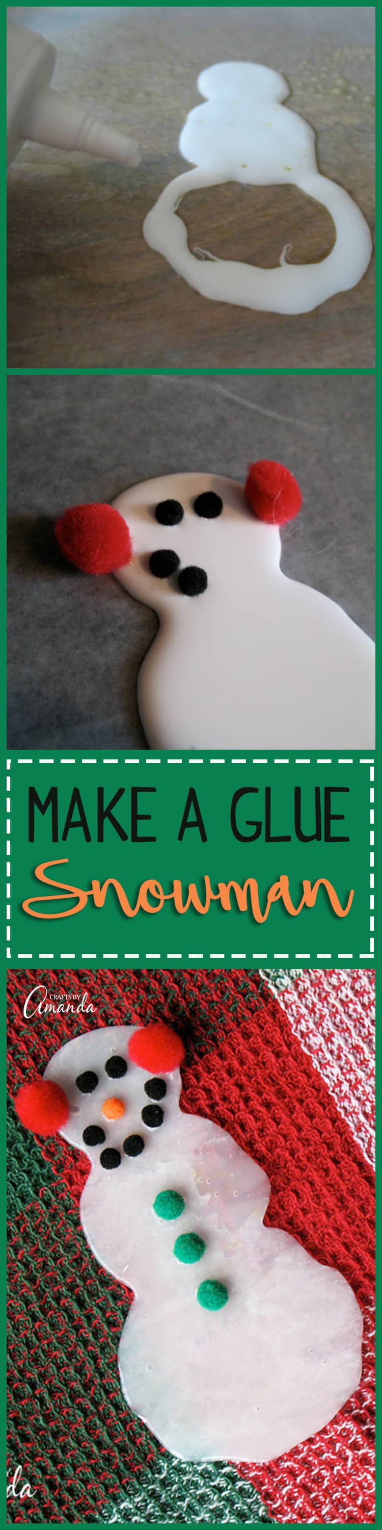 Turn ordinary glue into an adorable glue snowman. Great as a gift topper, part of a homemade garland or as a snowman ornament for the Christmas tree.