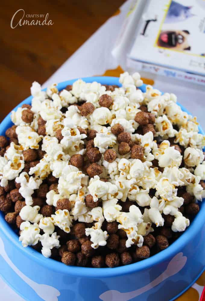 Next, we air popped some popcorn and mixed it with equal parts chocolate cereal to make our "kibble popcorn mix."