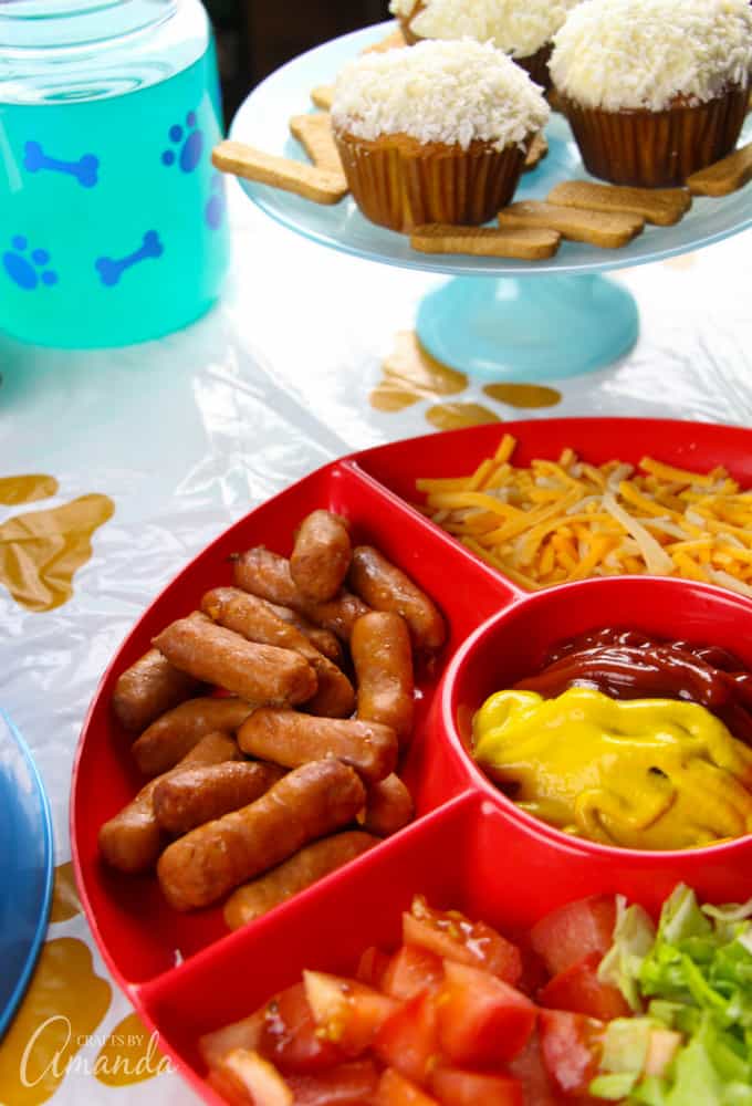 For the hot dog bar, I used a sectioned party tray and filled it with all of my daughter's favorite hot dog toppings 