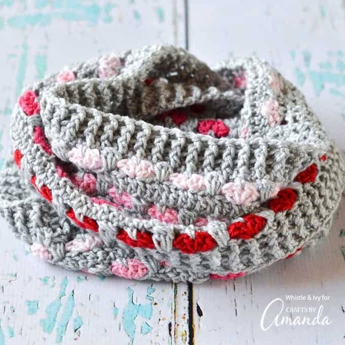 This scarf pattern is the perfect length to keep you cozy during the frigid months of January and February, plus the little hearts are just so pretty!