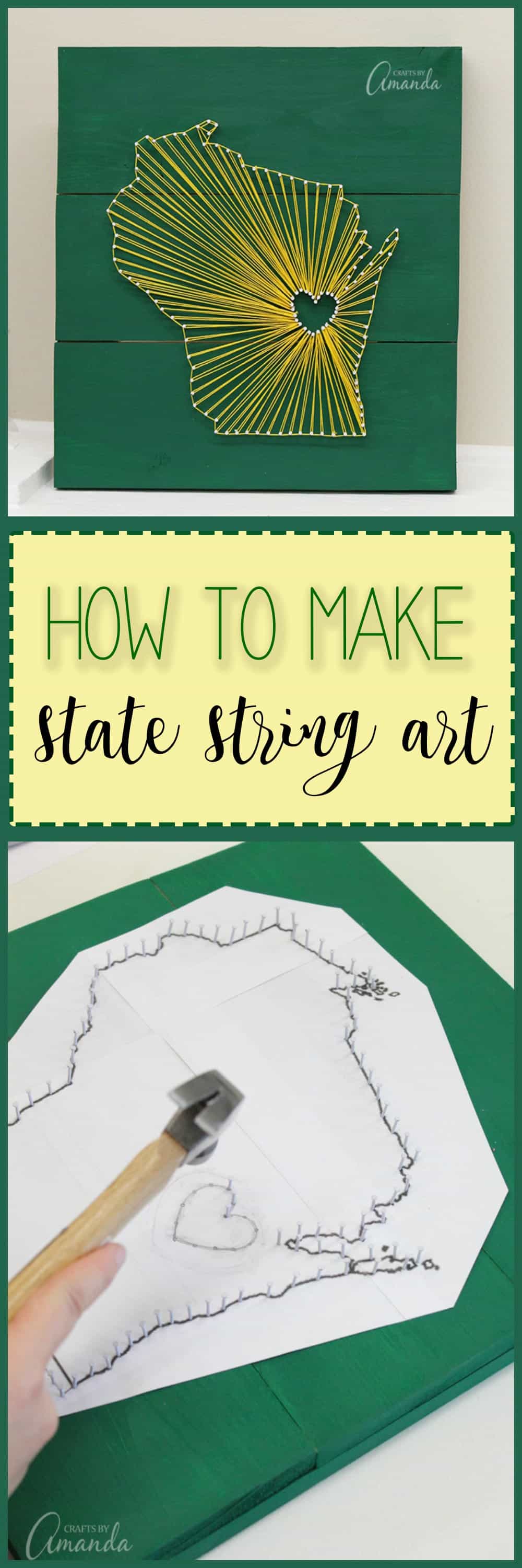 How to make state inspired string art using embroidery floss, small nails, craft glue, and a wooden board. Customize this wall art to your home state! 