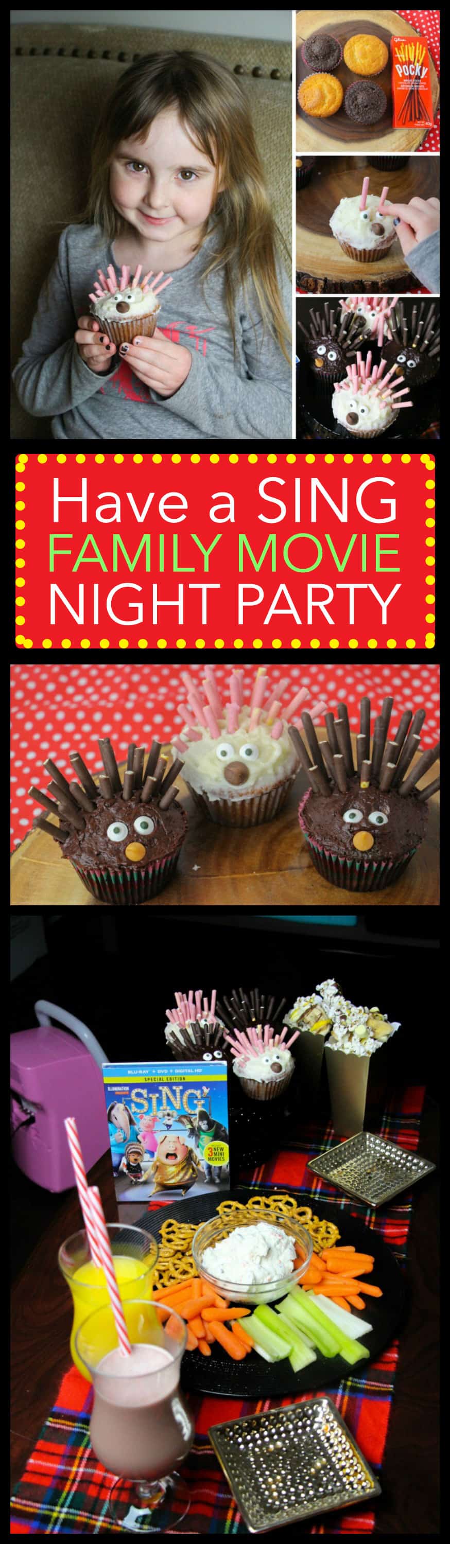 SING Special Edition is now out on DVD and Blu-Ray, so we made porcupine cupcakes, gorilla munch popcorn and several other goodies inspired by SING for family movie night! #SingMovie #SingSquad #Sponsored