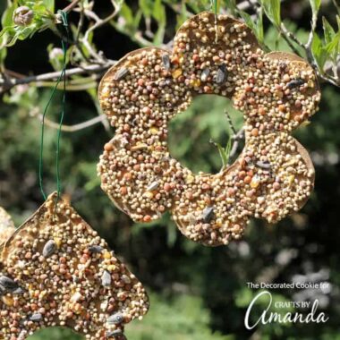 Make these easy birdseed ornaments from just a few items that you probably already have in your home. Peanut butter, cardboard, and birdseed!