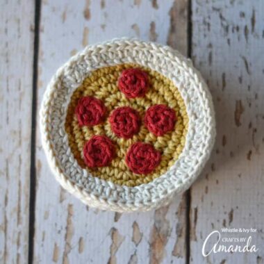 These Crochet Pizza Coasters are the perfect summer or spring adult craft. Keep these coasters handy for when you have an ice cold drink on a sunny day!
