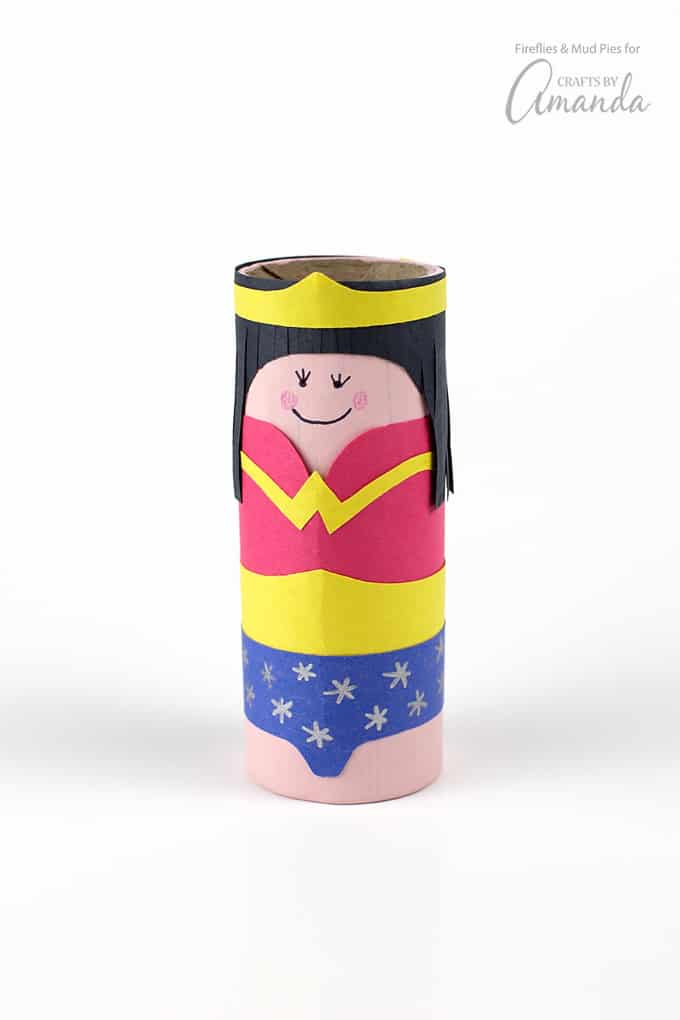 Isn't this Cardboard Tube Wonder Woman sweet? Perfect for block towers, small hands, and flying in invisible jets.