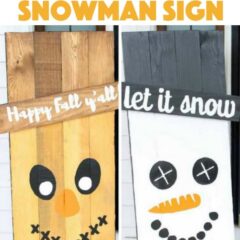 Reversible scarecrow snowman sign: it's actually much easier than it looks! Grab your supplies and get professional results with our simple tips and tricks. #diy #woodworking #fall #fallcrafts #scarecrow #snowmancrafts #adultcrafts #wintercrafts