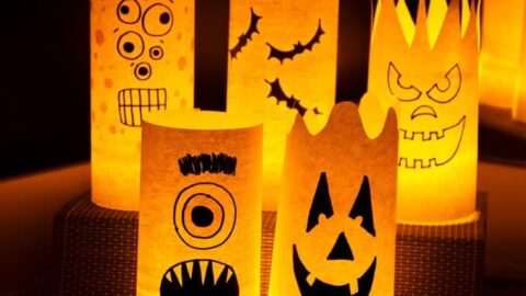 By day they are colorful shelf or window decorations, but by night they are spooky paper Halloween luminaries! Easy to make and fun to look at!