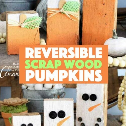These reversible scrap wood pumpkins are super easy to make. One side has adorable pumpkins for fall and the other side has cheery snowmen for winter time! #wood #reversible #snowman #pumpkincrafts #snowmencrafts #adultcrafts #homedecor #falldecor #winterdecor