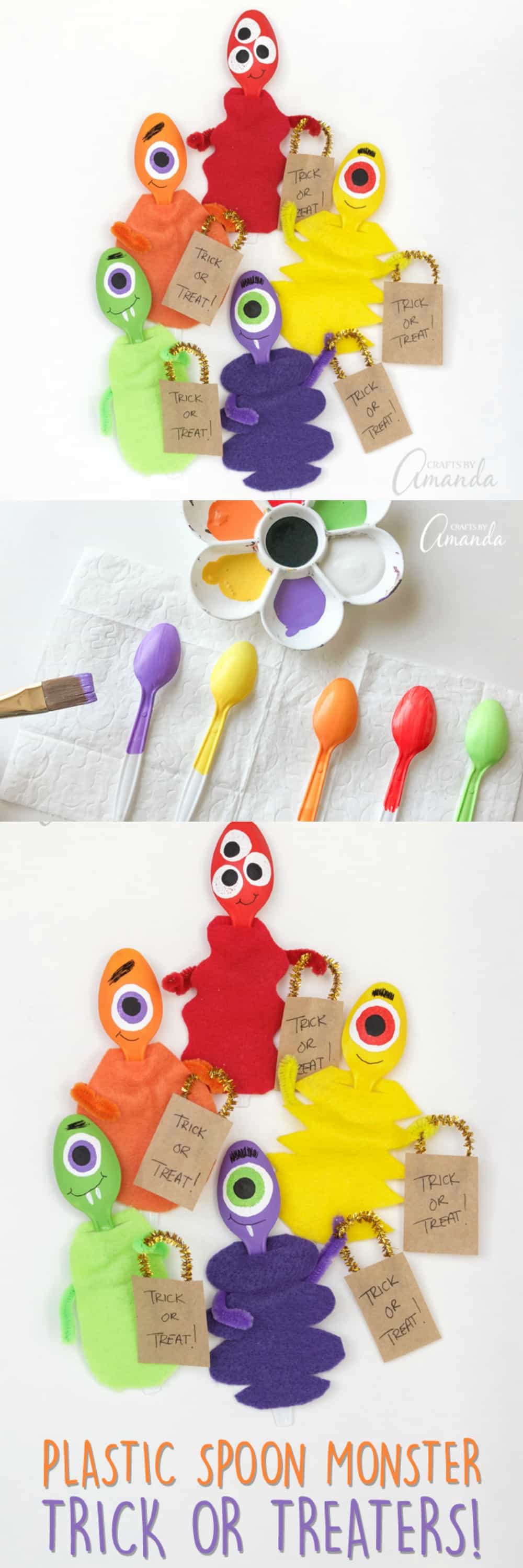 Make these adorable plastic spoon monsters with the kids for Halloween! Some monsters are scary, but these ones just want to go trick or treating!