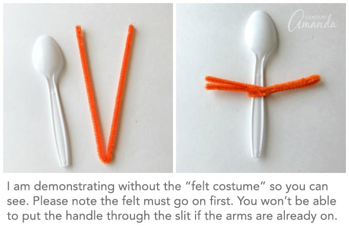 For the arms, fold pipe cleaner in half and twist around the middle of the spoon handle. Stretch pipe cleaner arms to the left/right.