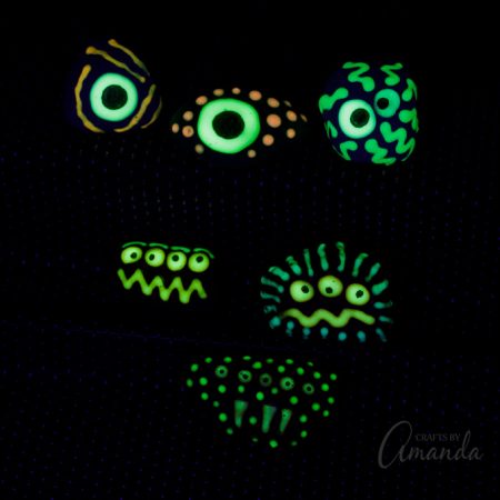 Learn how to make these adorable glow in the dark monster rocks! They are cute in the daytime and when you turn out the lights.