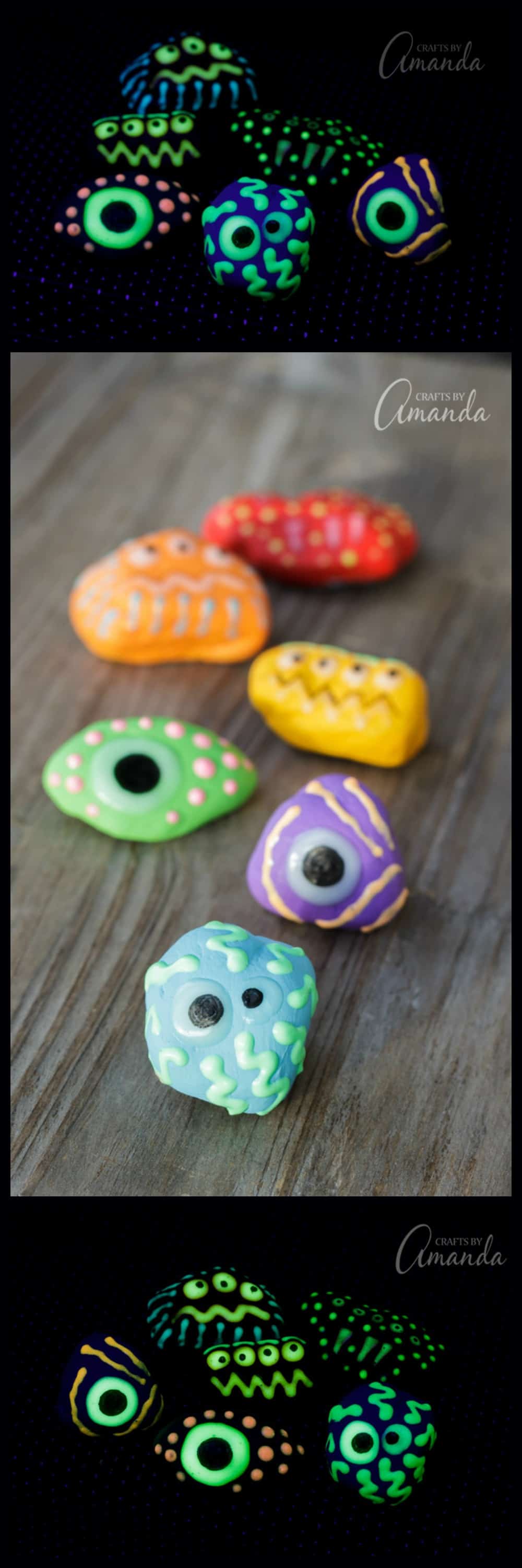 Learn how to make these adorable glow in the dark monster rocks! They are cute in the daytime and when you turn out the lights. 
