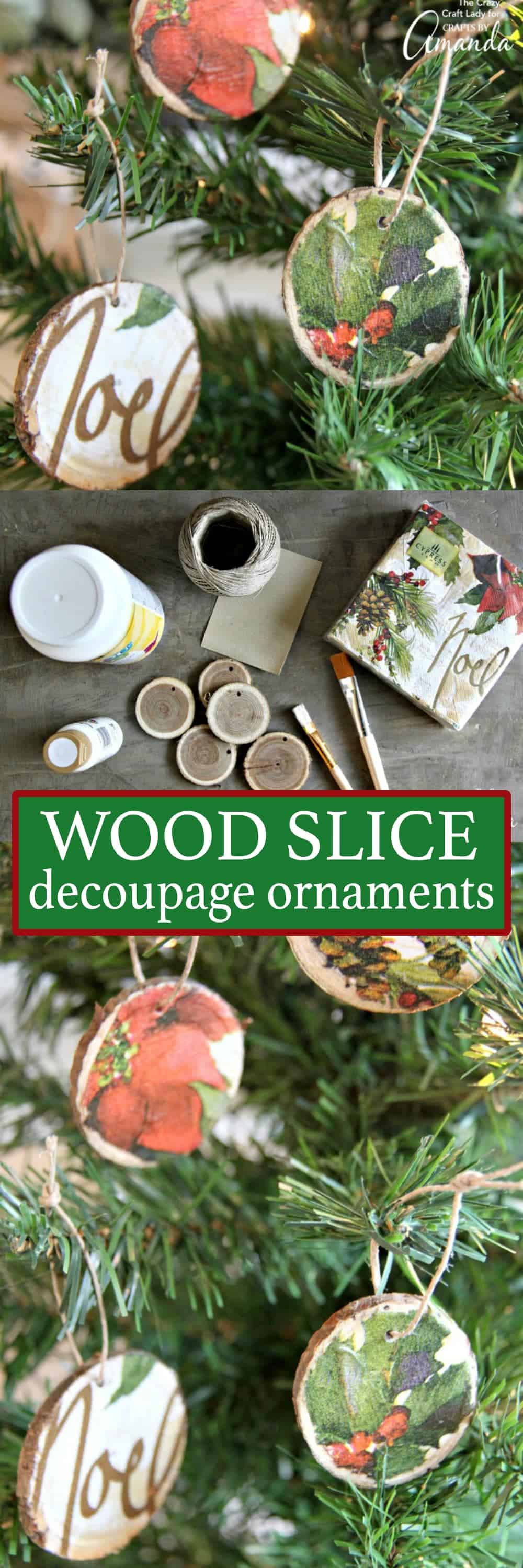 These decoupage wood slice ornaments are an easy way to make your own tree ornaments. Use paper napkins in any pattern or color to make custom ornaments.