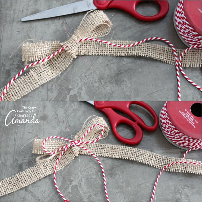Threading red and white twine with burlap ribbon bow