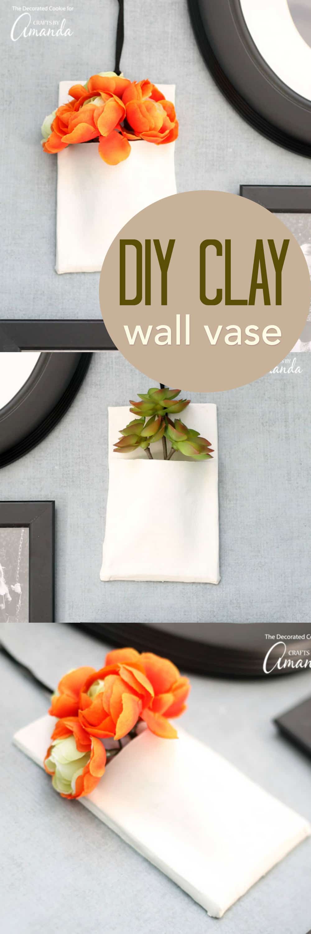 This DIY clay wall vase is simple to make and adds interest and beauty to your wall decor. Pop in some succulents, faux flowers, or even use it to store your spare set of glasses or keys.
