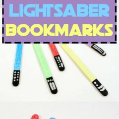 Keep your place in your favorite books by making glittery lightsabers in different colors! These lightsaber bookmarks are great for home or school.