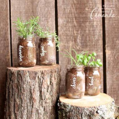 This quick and easy mason jar herb garden is a great addition to your porch or even your kitchen window. Imagine an entire line of these on your windowsill!