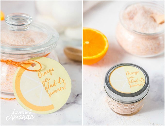 two photos of orange bath salts in different jars, both with gift tags
