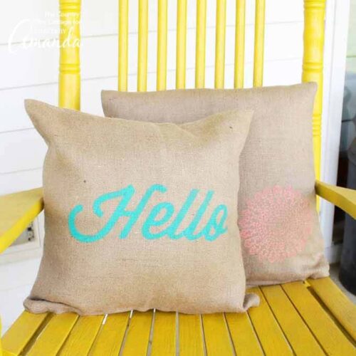 Burlap Stenciled Pillow Covers add a splash of color to your outdoor space