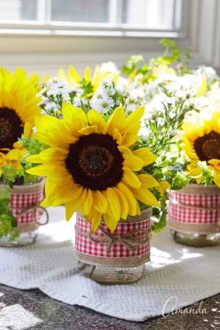 Mason Jar Centerpieces Sunflower Filled Jars Decorated With Burlap