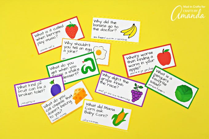 Lunchbox Joke Cards for kids on yellow background