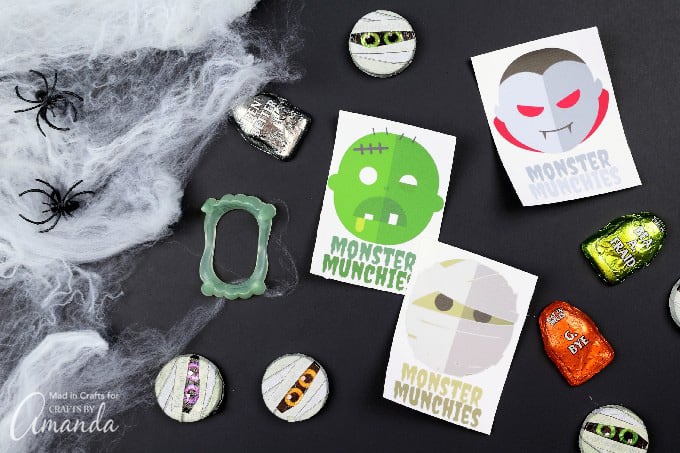 Printable monster stickers with halloween candy