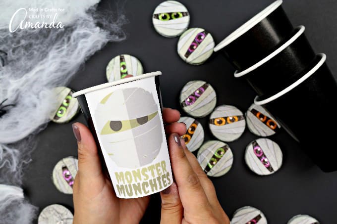 Cute mummy printable monster sticker on a treat cup