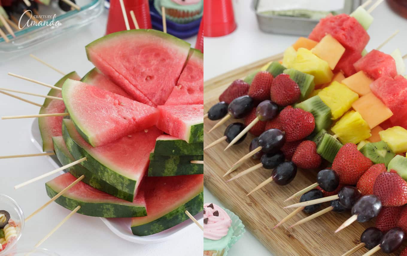 barbecue bridal shower watermelon wedges on a stick and fruit kabobs