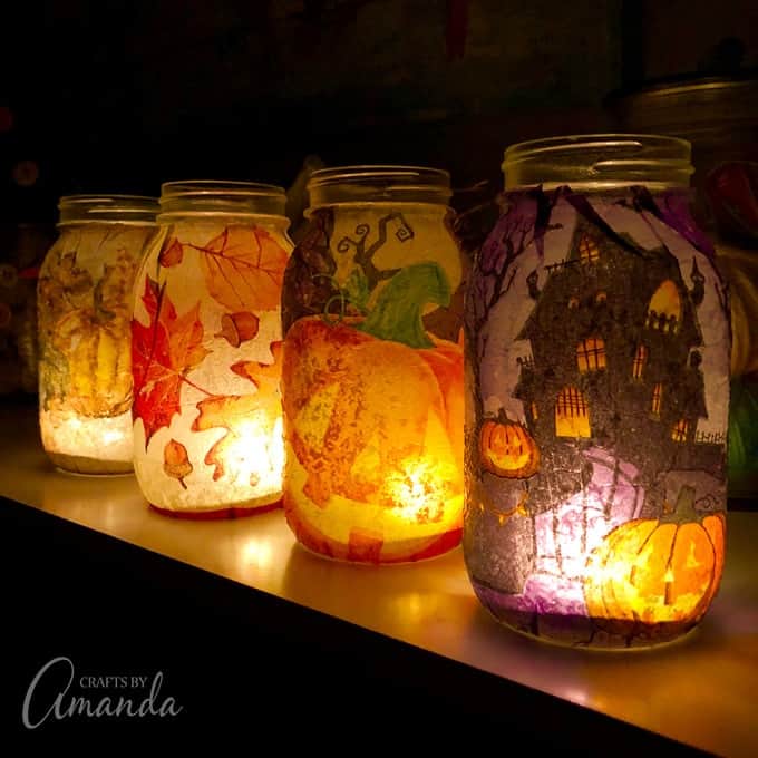 beautiful fall and halloween mason jar luminaries made from paper napkins and mod podge
