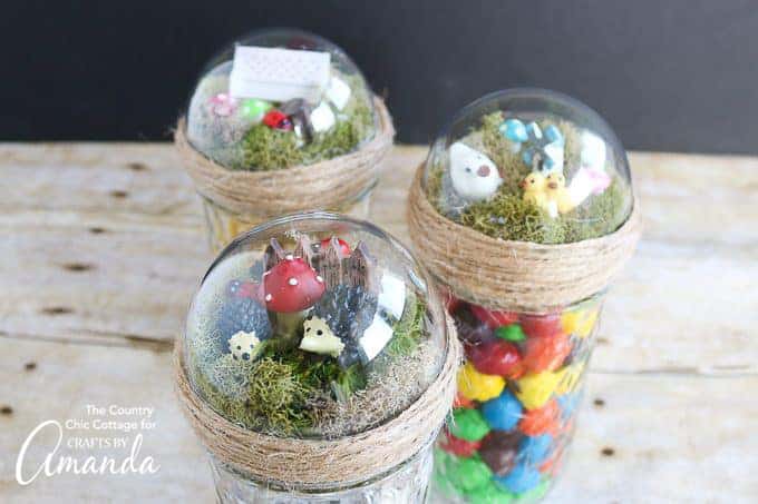 mason jars topped with fairy garden domes