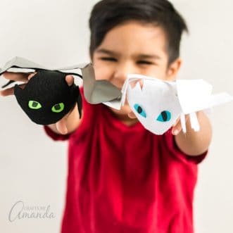 boy holding dragon finger puppets