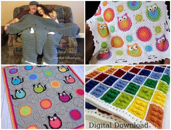 crochet elephant blanket for two, owl blanket, cat lover blanket, lego blanket