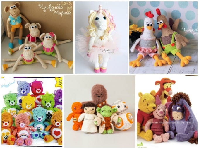 crochet dolls - monket, unicorn, hena nd rooster, care bears, star wars, winnie the pooh