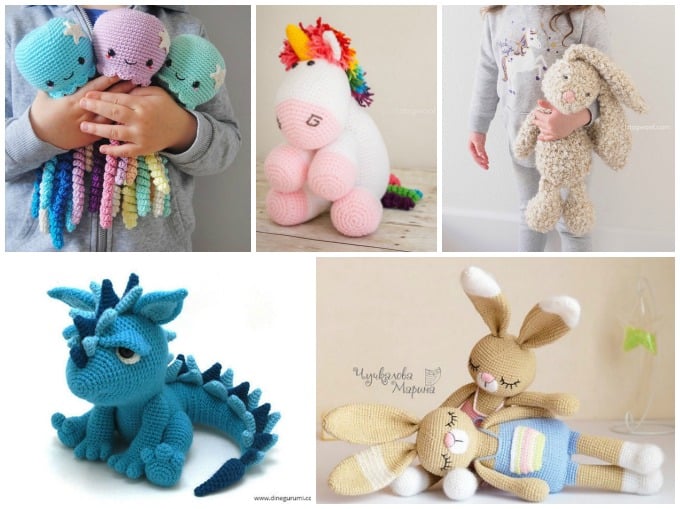 crochet doll patterns for octopus, unicorn, rabbits, dragon