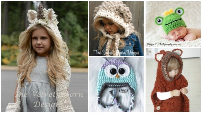 crocheted unicorn hood, fox hood, lamb hood, frog hat, owl hat