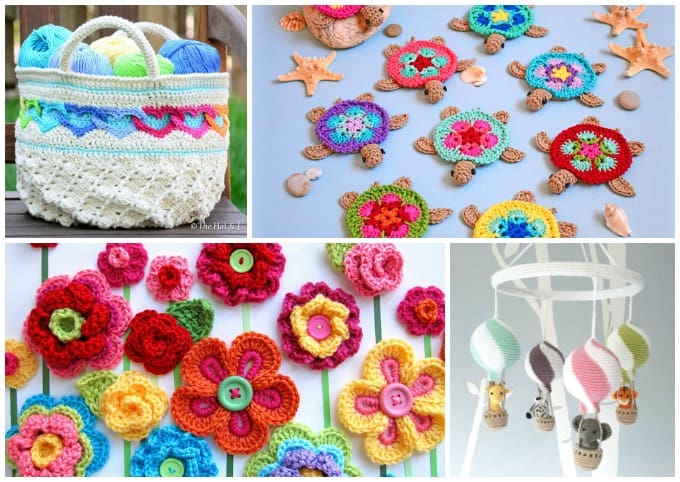 crochet tote bag, turtles, flowers, and mobile