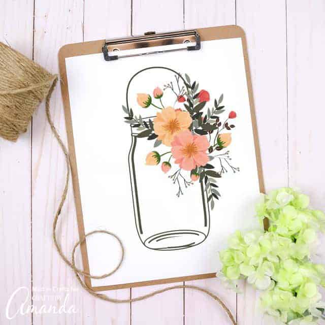 mason jar printable with flowers on clipboard