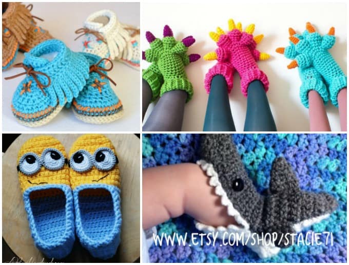 crochet shoe patterns for moccasins, monster slippers, minion slippers, shark socks