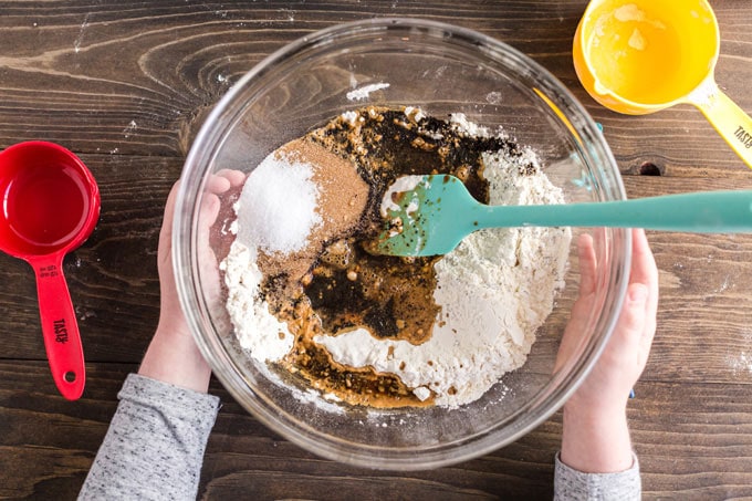 mixing bowl with coffee grounds, salt, flour, and coffee