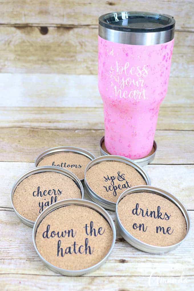 mason jar lid coasters using cork roll