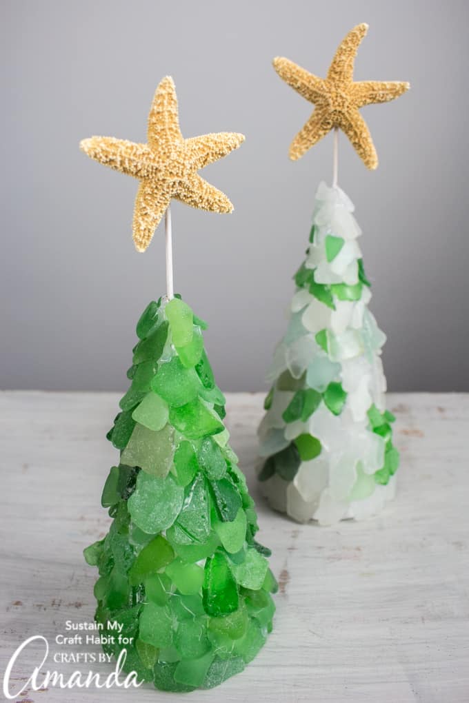 DIY seaglass Christmas trees topped with starfish