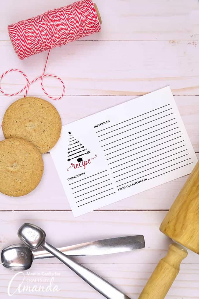 Printable recipe card with cookies and measuring spoons