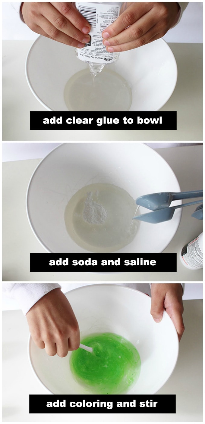adding glue, baking soda, saline, and food coloring to bowl for slime