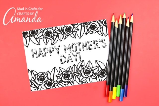 mother's day printable coloring card on red background with colored pencils