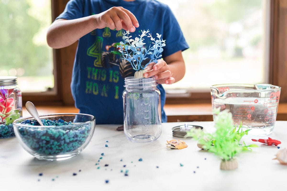 little boy adding plastic aquarium plant to a jar