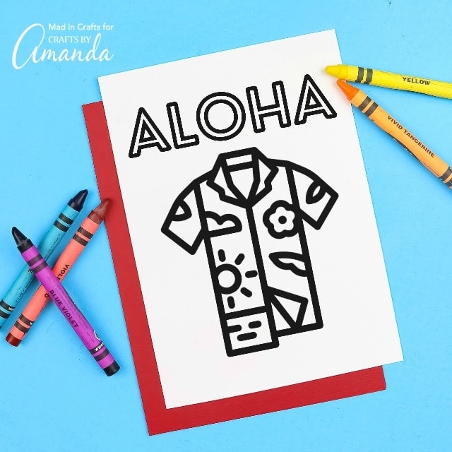 summer hawaiian shirt kids coloring page with crayons