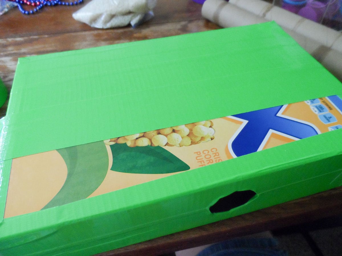 cereal box covered in duck tape