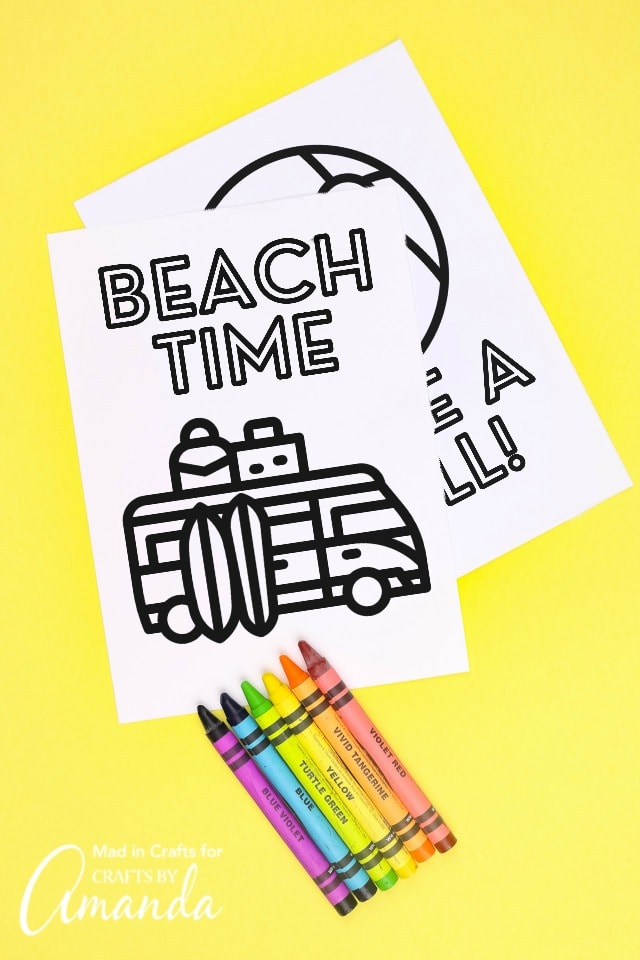 beach coloring pages for kids on yellow background