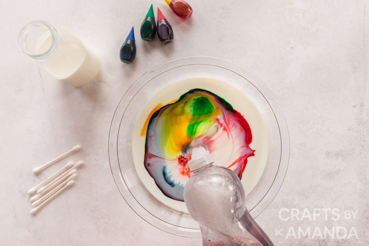 adding dish soap to dish with milk and food coloring